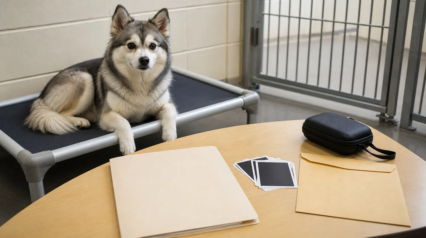 Calm spitz type dog rests in a secure area beside a blank claim folder redacted photo cards envelope and scanner case