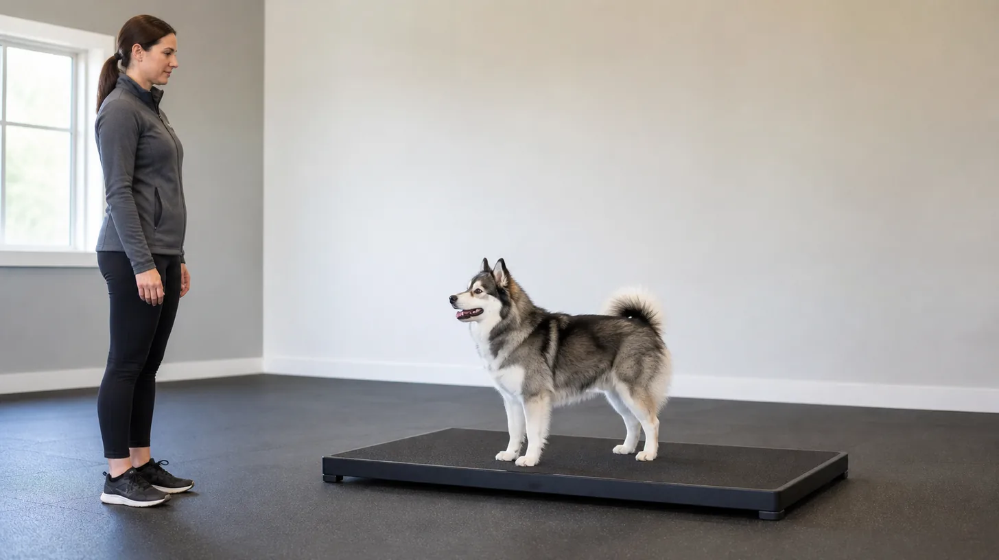 Pomsky stands naturally with all four paws on a broad low nonslip platform while a handler waits nearby