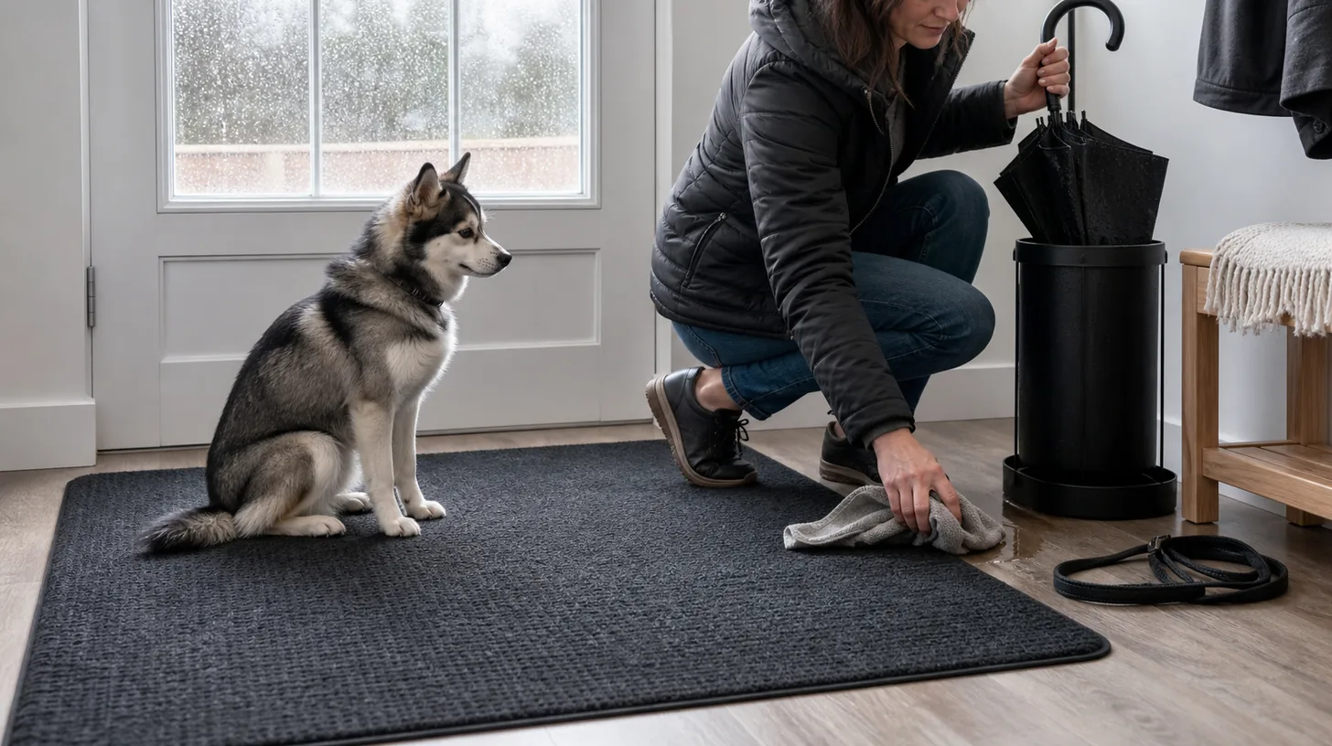 Pomsky waits on a dry entry mat while a caregiver contains umbrella water