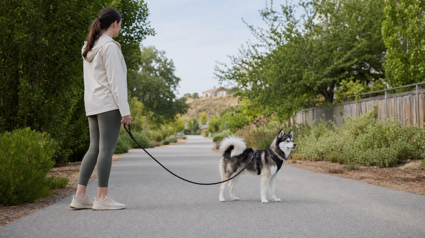 Harnessed Pomsky pauses on a quiet path while a caregiver waits with a slack leash