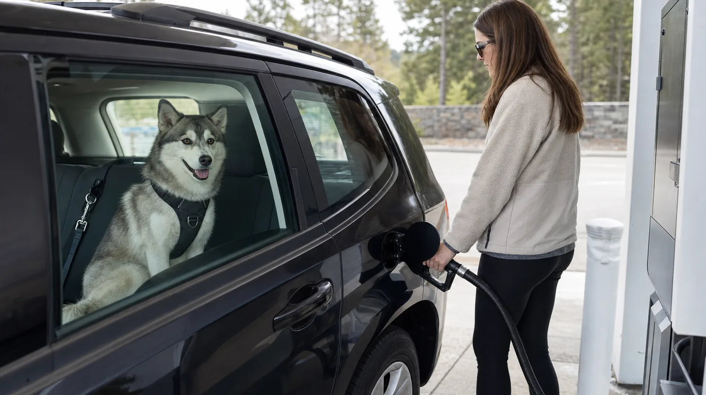 Pomsky secured in an attended vehicle while a caregiver fuels at a plain station