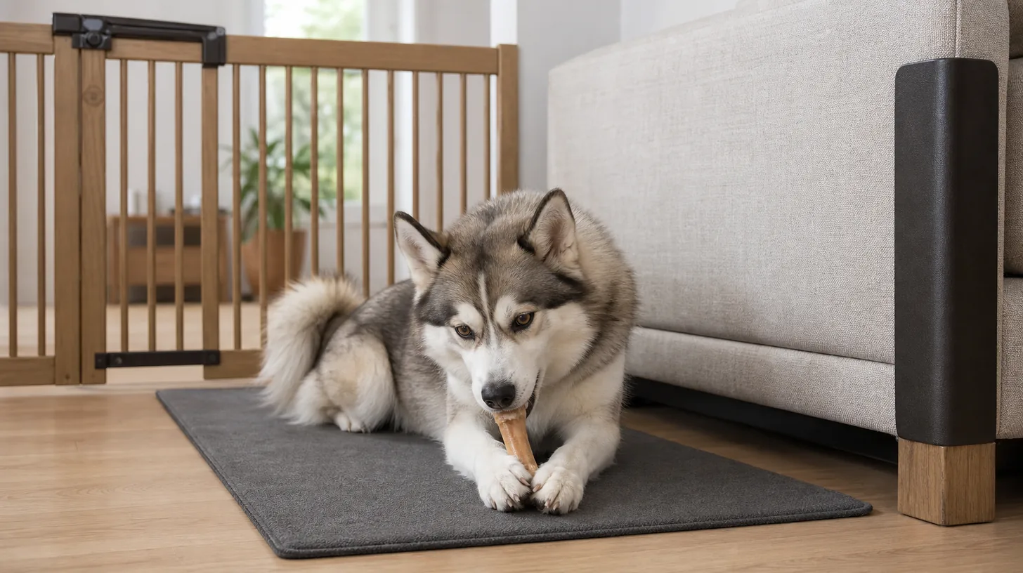 Pomsky uses an appropriate chew on a mat beside protected furniture