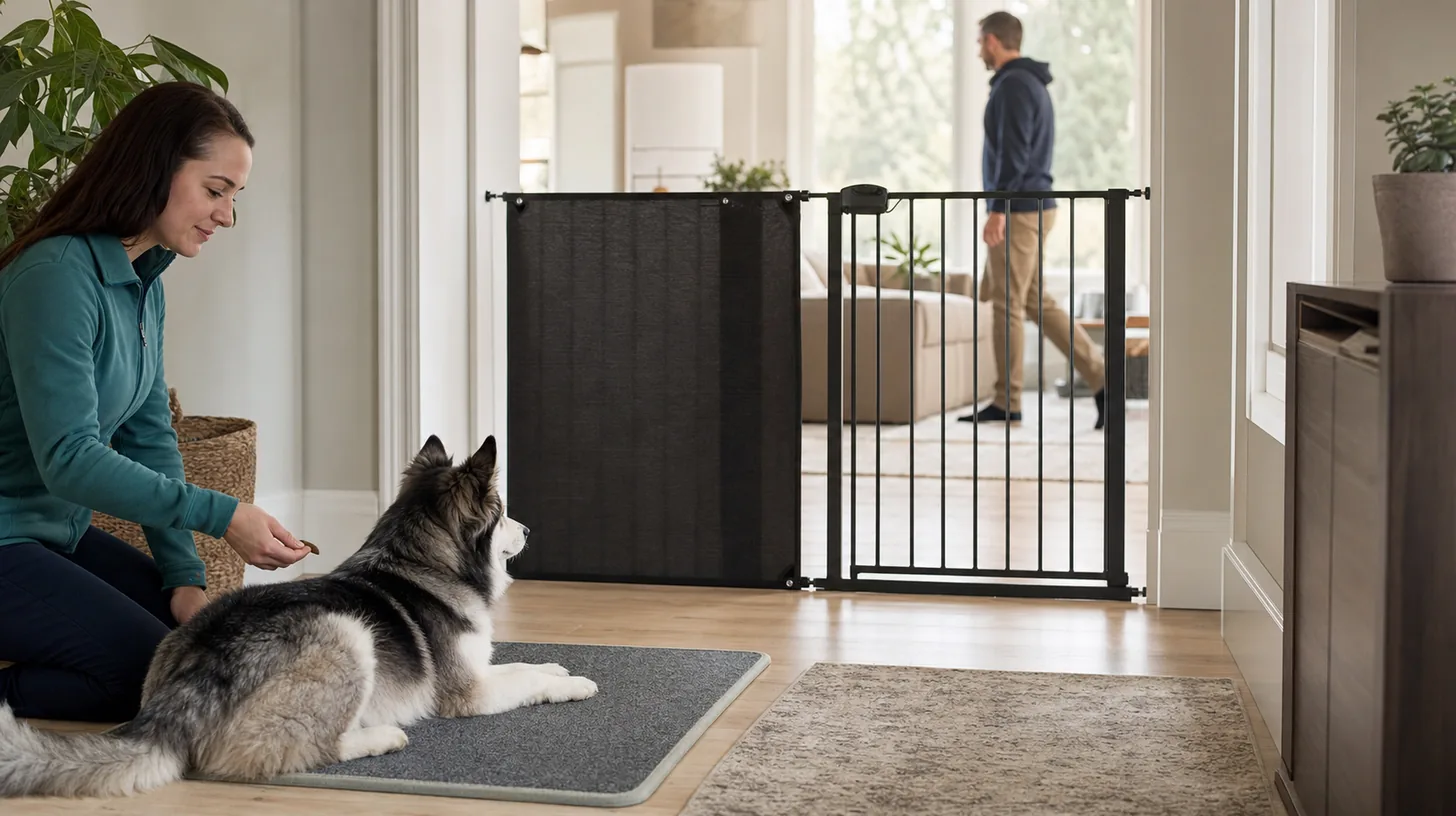 Pomsky rests several steps from a closed gate with a partial visual screen