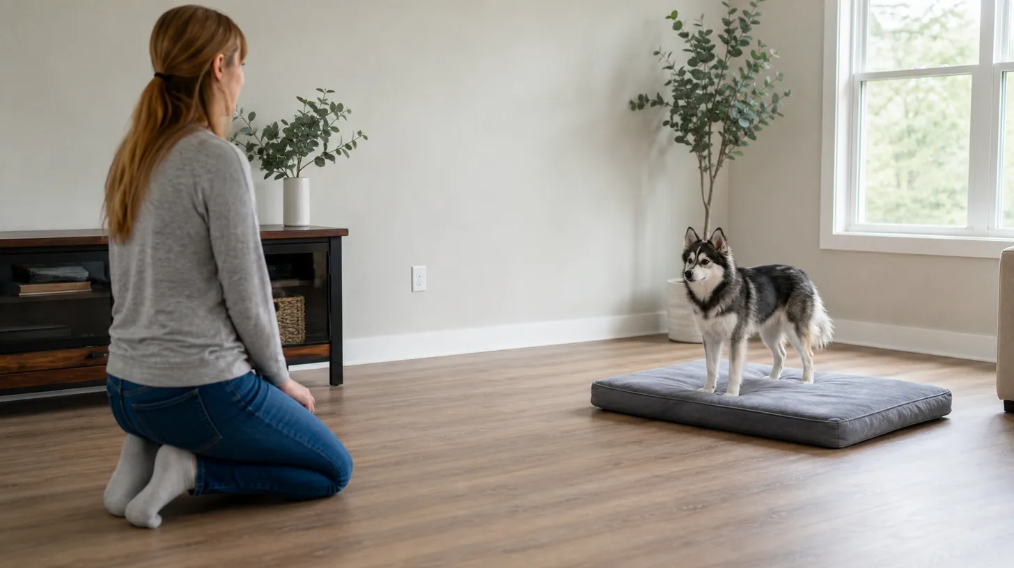 Pomsky stands with all four paws on a large flat floor bed several steps from a waiting handler
