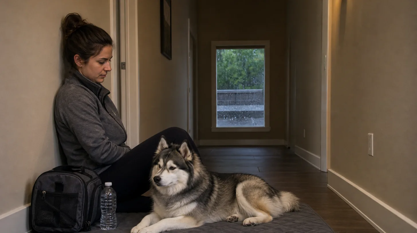 Pomsky resting with a caregiver in a protected hallway while hail falls beyond a distant window