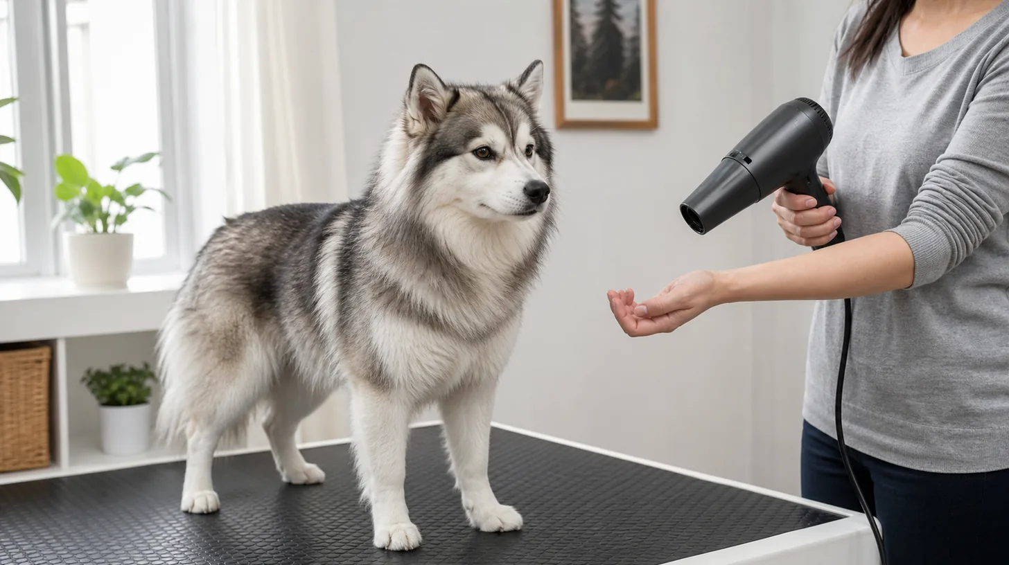 Caregiver tests hair-dryer airflow on their wrist at a safe distance from a calm Pomsky