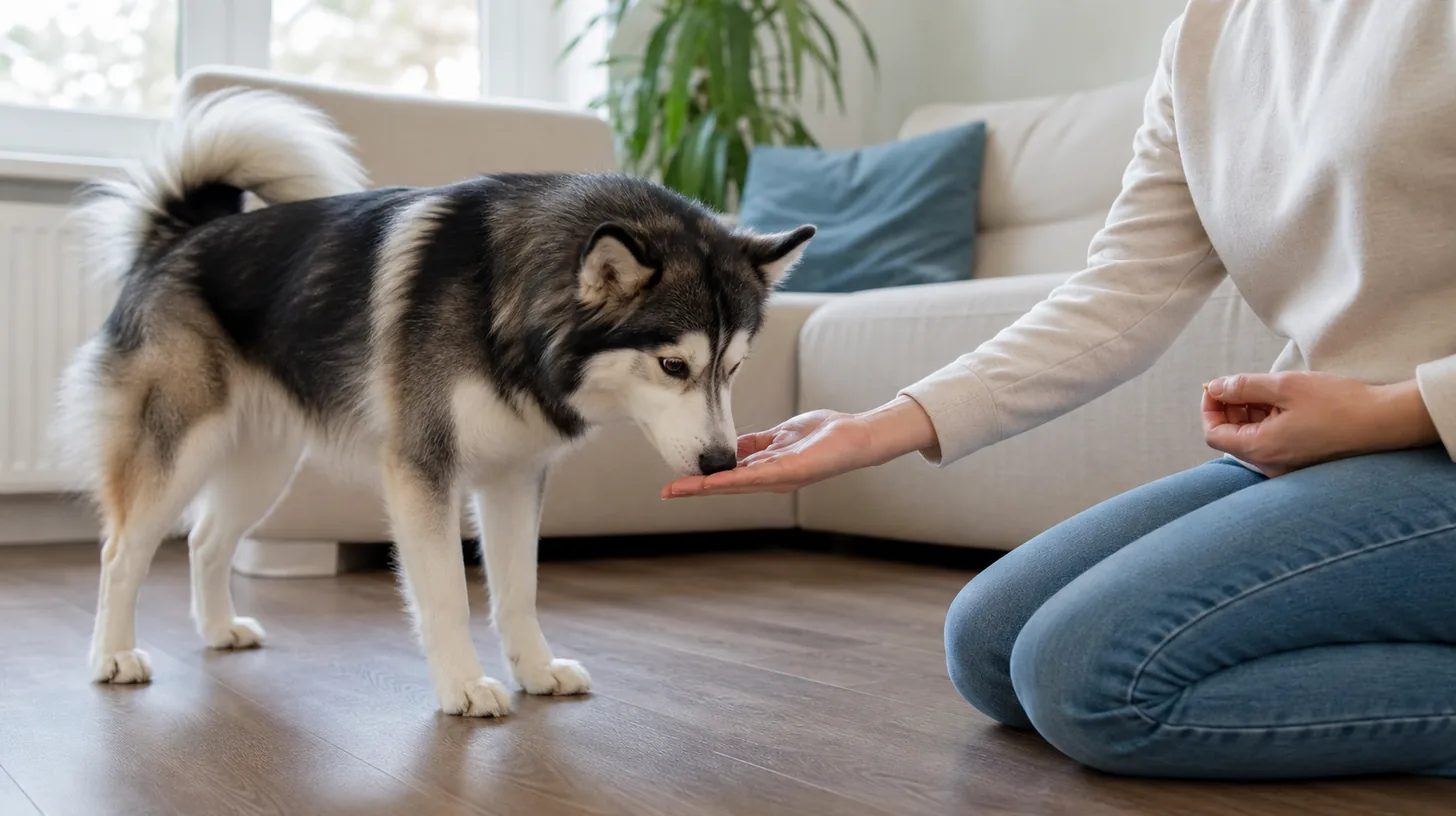A Pomsky voluntarily touches its nose to a caregiver's empty open palm during hand-target training