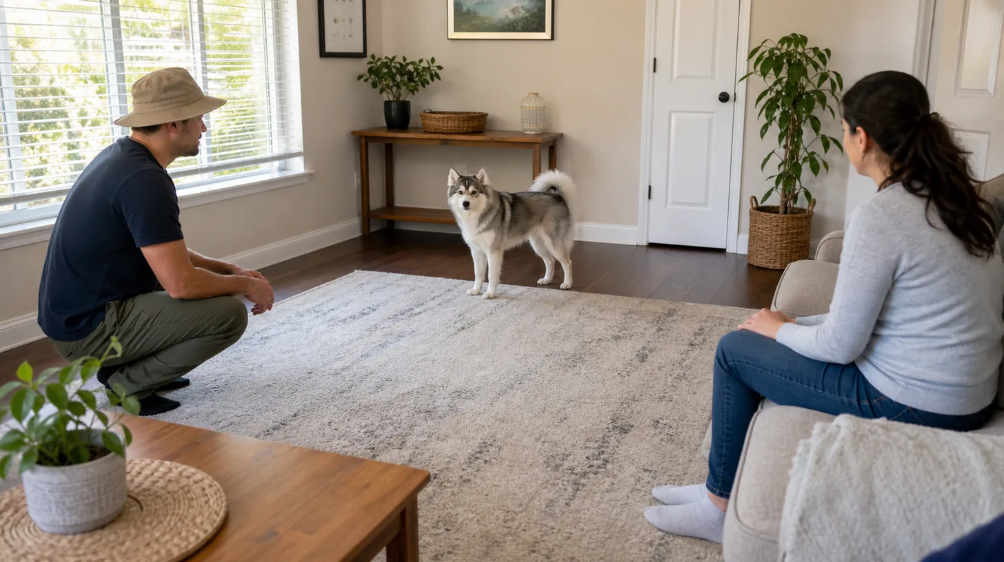 A Pomsky calmly observes a familiar person wearing a plain hat at a distance