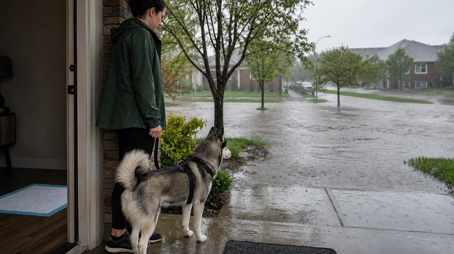 A caregiver and harnessed Pomsky remain at a covered entry instead of entering a flooded sidewalk