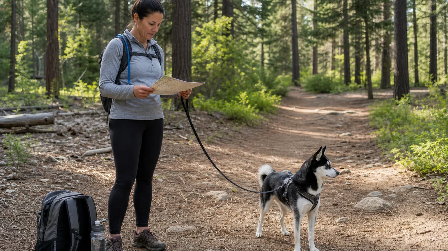 A caregiver reviews a trail map while holding the leash of a harnessed Pomsky beside water and a day pack