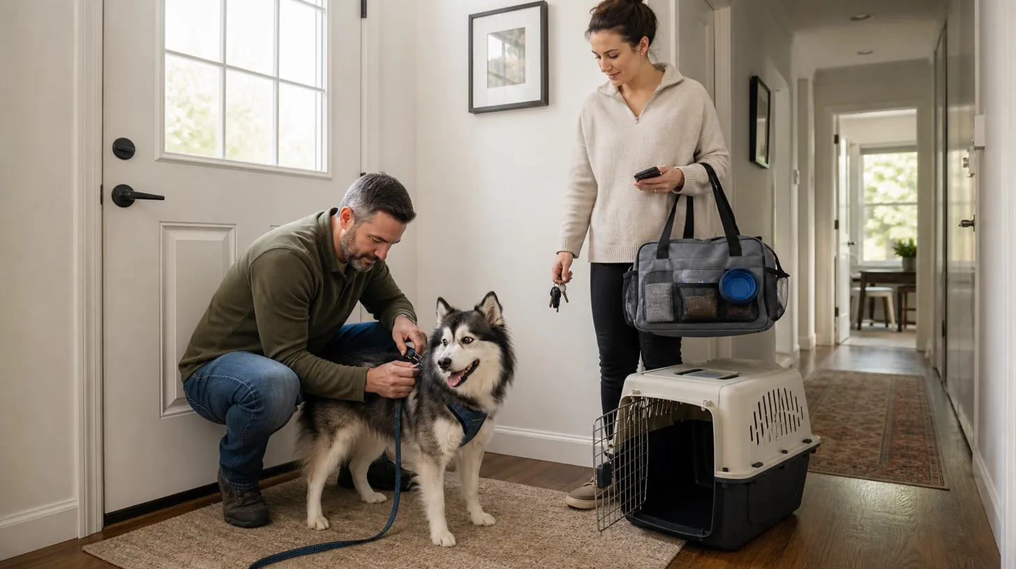 Two caregivers prepare a harnessed Pomsky, carrier, and go bag during a calm home evacuation drill