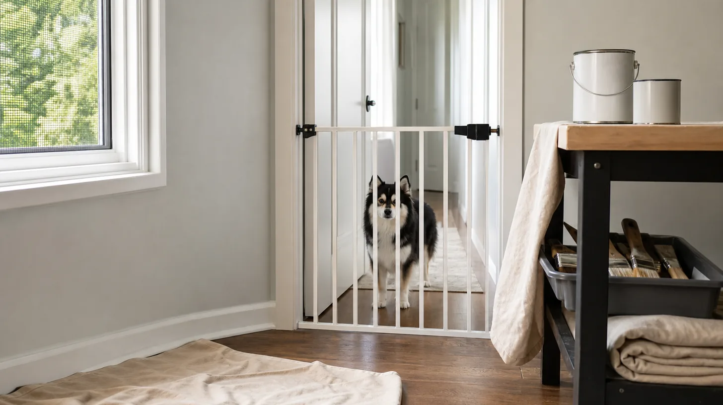 Gated freshly painted room with secured supplies and a Pomsky in a separate safe area