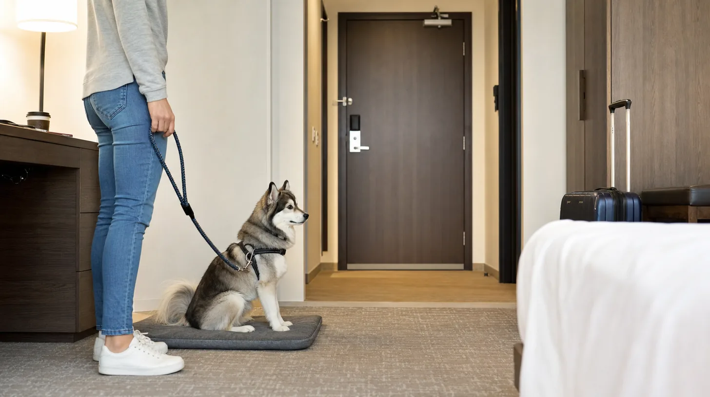 Leashed Pomsky waiting in a secondary hotel room zone with the entry door closed