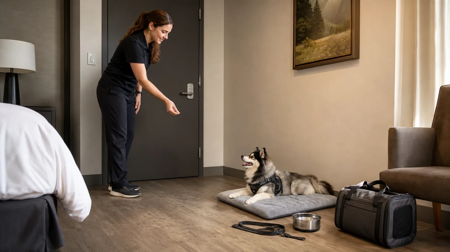 A Pomsky settles on a familiar mat in a secured hotel room with travel essentials nearby