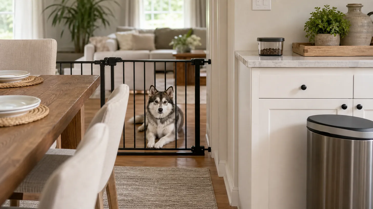 Pomsky rests behind a secure gate between a cleared dining table closed reward container and lidded waste bin