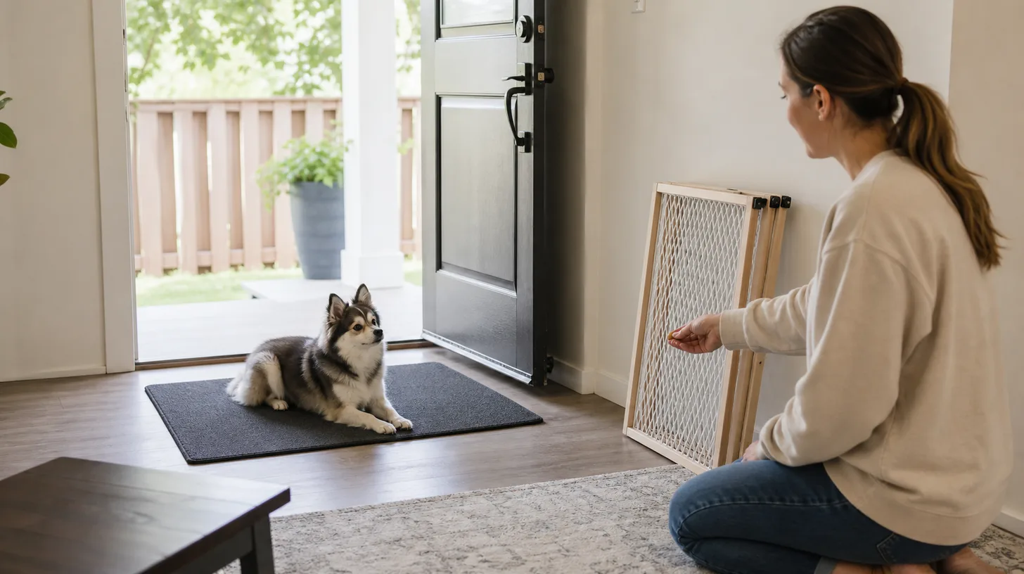 A Pomsky settles on a mat behind an open doorway while a caregiver rewards the behavior