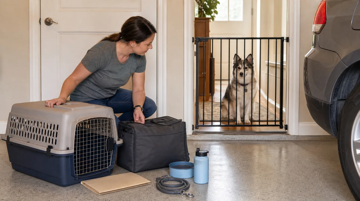 Caregiver stages a carrier and evacuation supplies while a Pomsky waits behind a gate