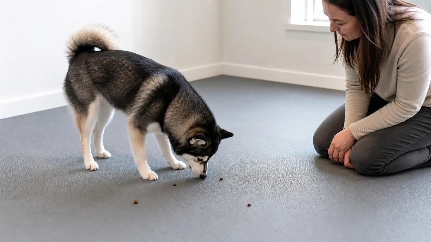 Pomsky searching for widely spaced measured kibble on a clean nonslip indoor mat