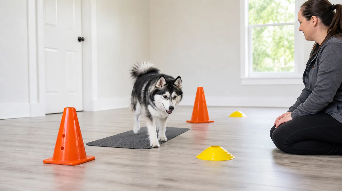 Pomsky walking through a low no-jump indoor obstacle route