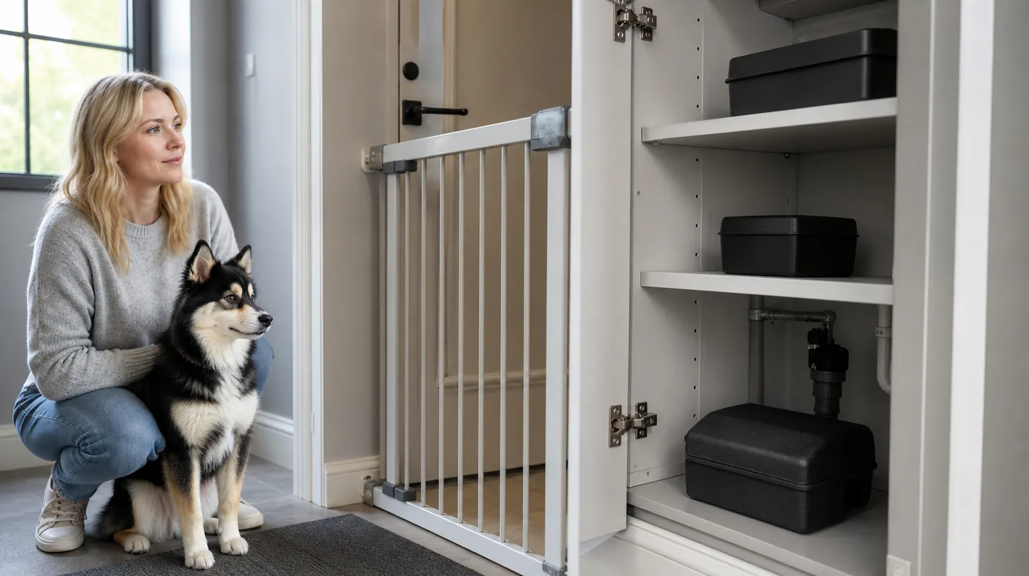 Closed treated room with secured pest-control equipment and Pomsky behind a separate gate