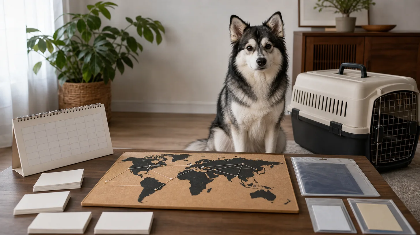 Pomsky sits beside a closed carrier with an unlabeled world route board blank timeline cards calendar and document sleeves