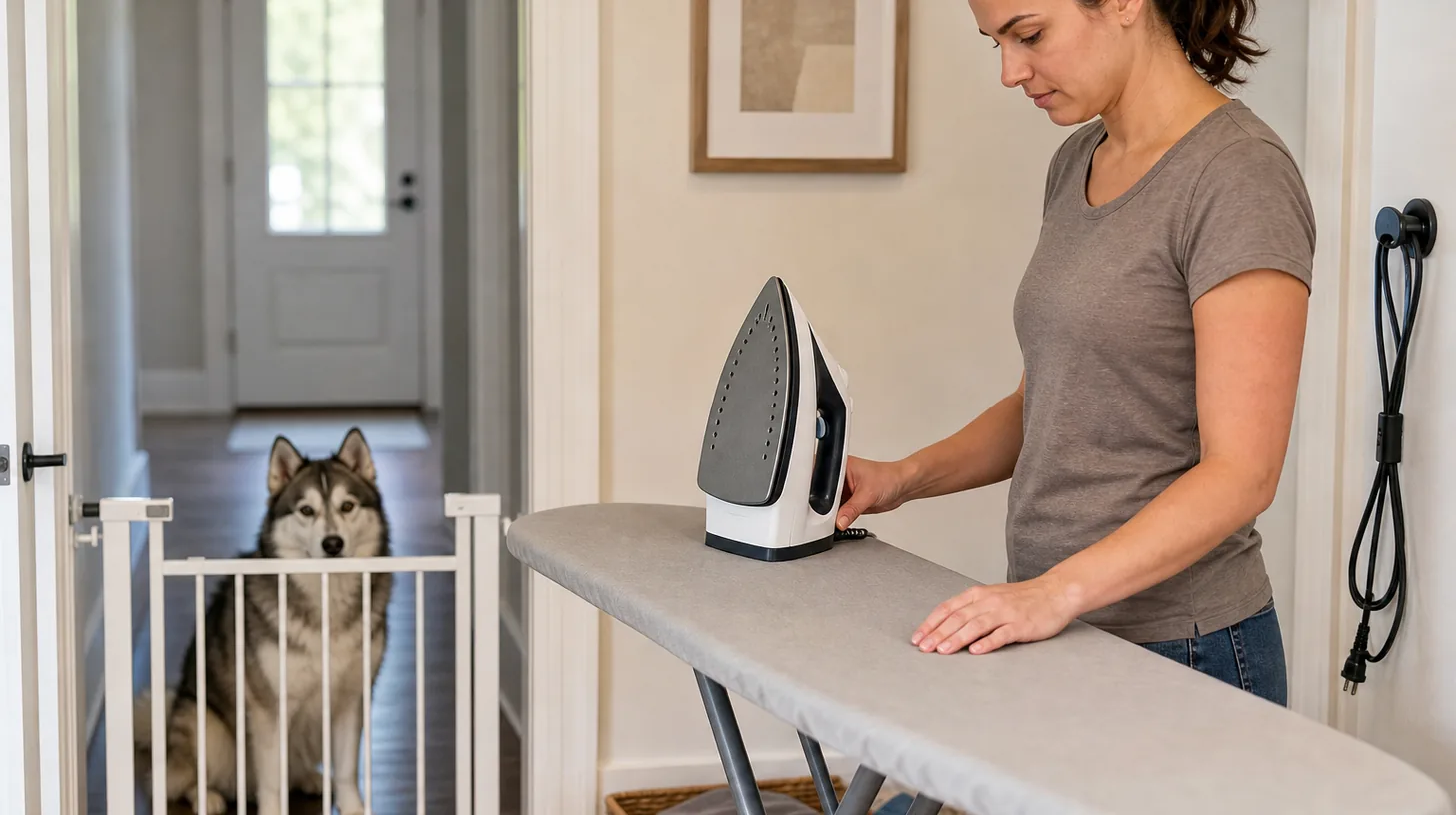 Pomsky waiting behind a secure gate while a caregiver checks an unplugged iron and stable ironing board