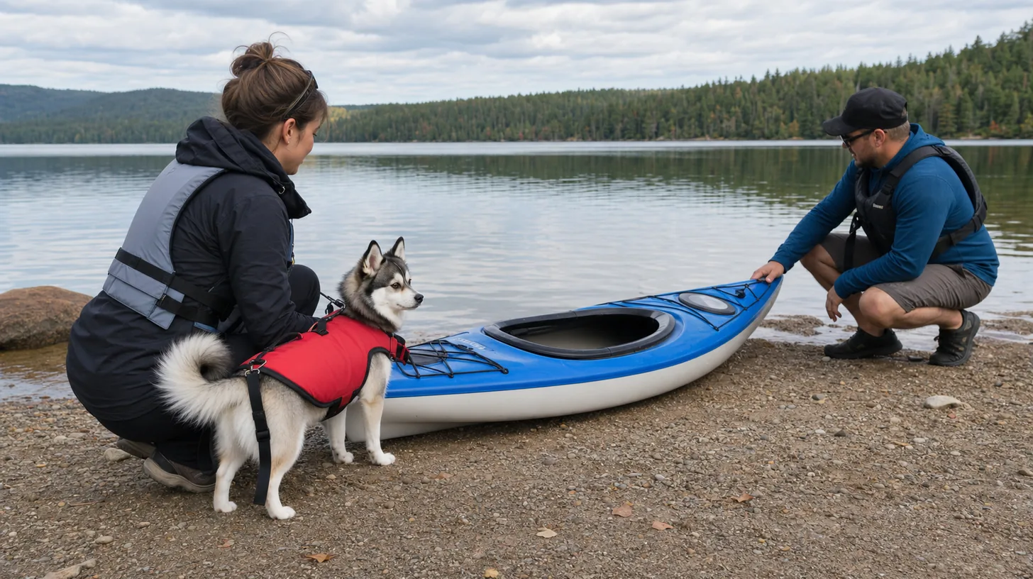 Pomsky in a fitted life jacket waits with caregivers beside a stable empty kayak on shore