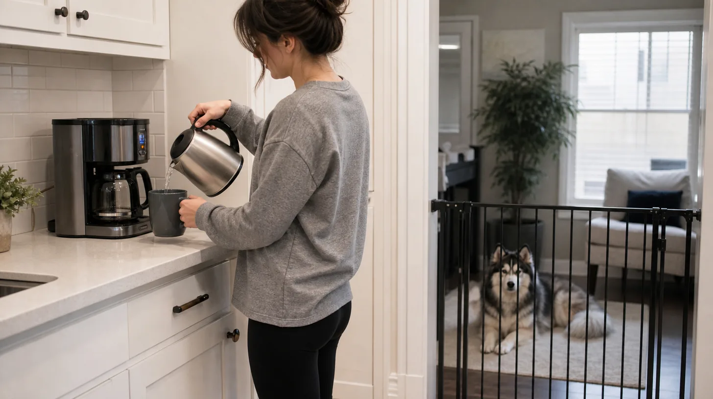 Caregiver pours from a kettle while a Pomsky rests outside the gated kitchen