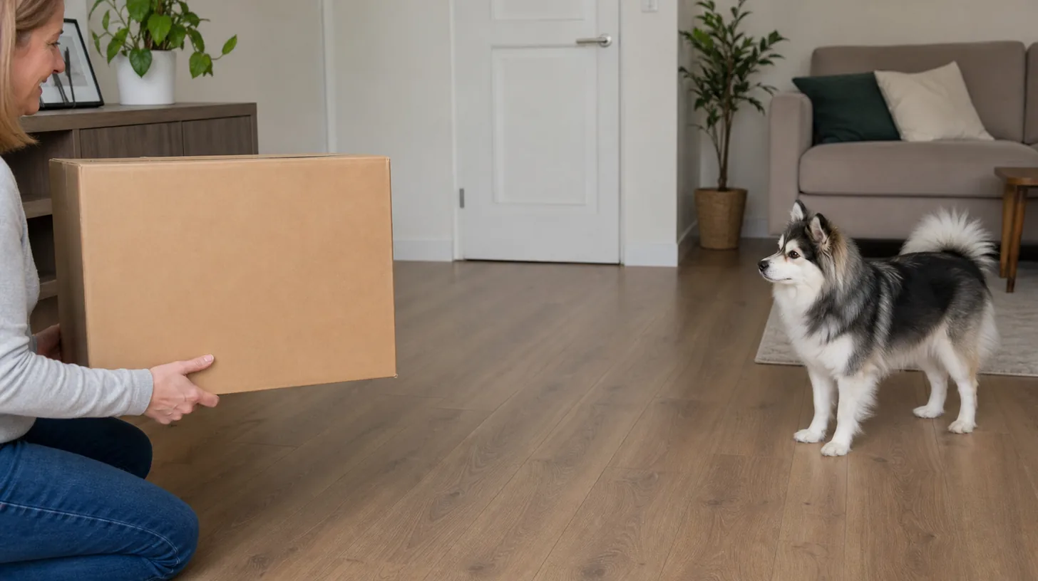 A Pomsky calmly observes a familiar person holding a plain cardboard box