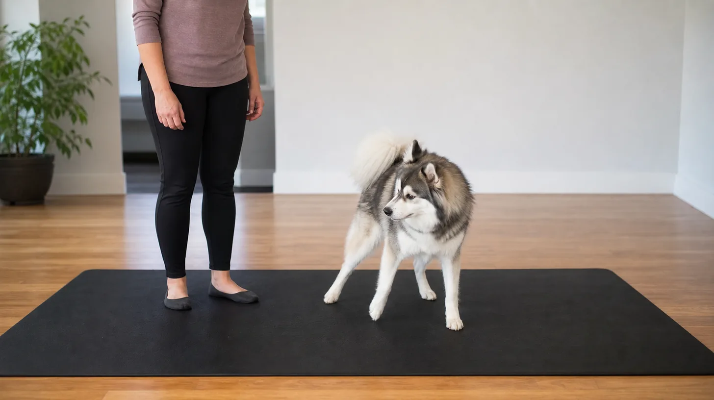 Pomsky makes one balanced lateral step on a wide nonslip mat