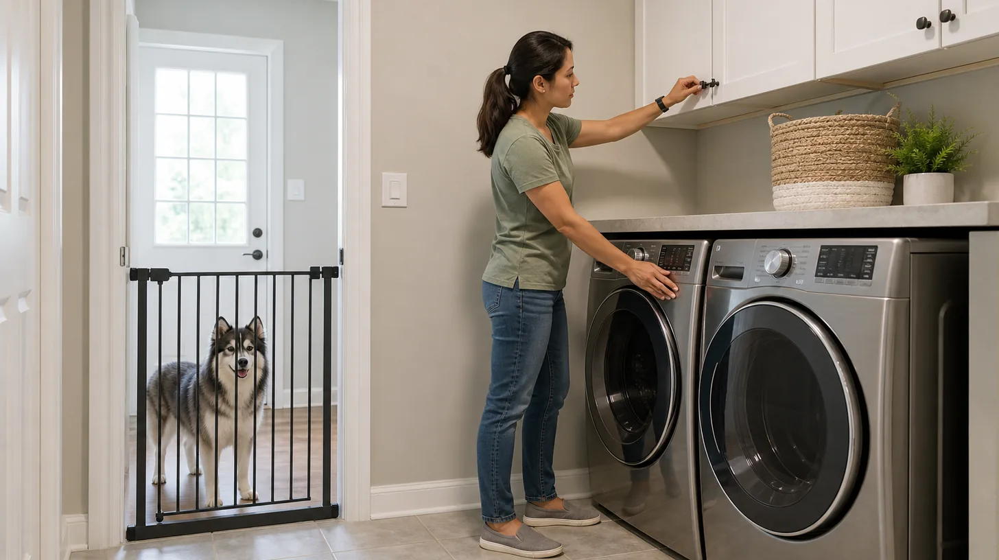 A caregiver checks closed laundry appliances and a locked high cabinet while a Pomsky waits behind a gate