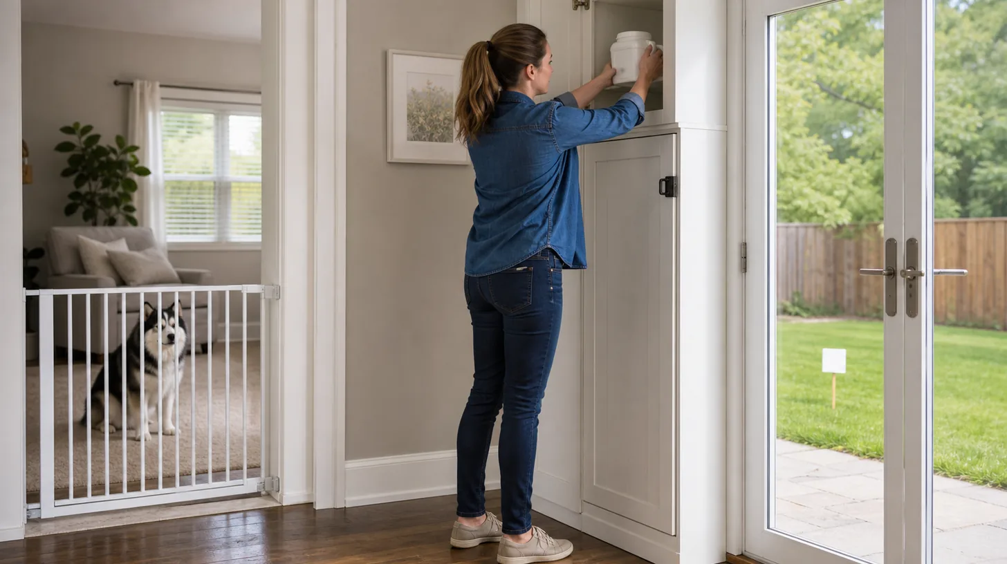 A Pomsky remains behind a closed gate while a caregiver stores an unbranded lawn product in a high cabinet