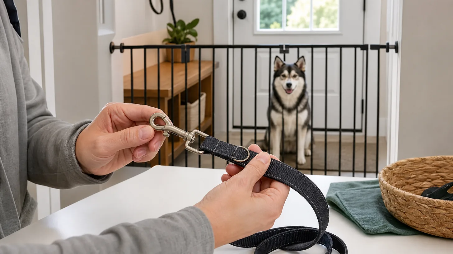 A caregiver inspects a leash clip and harness hardware at a table while a Pomsky waits behind a gate