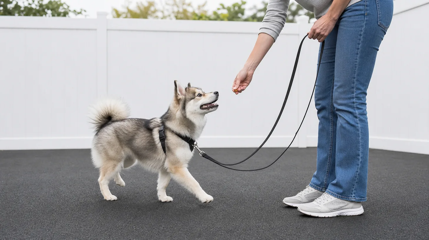 A harnessed Pomsky steps toward a caregiver on a slack leash to receive a reward