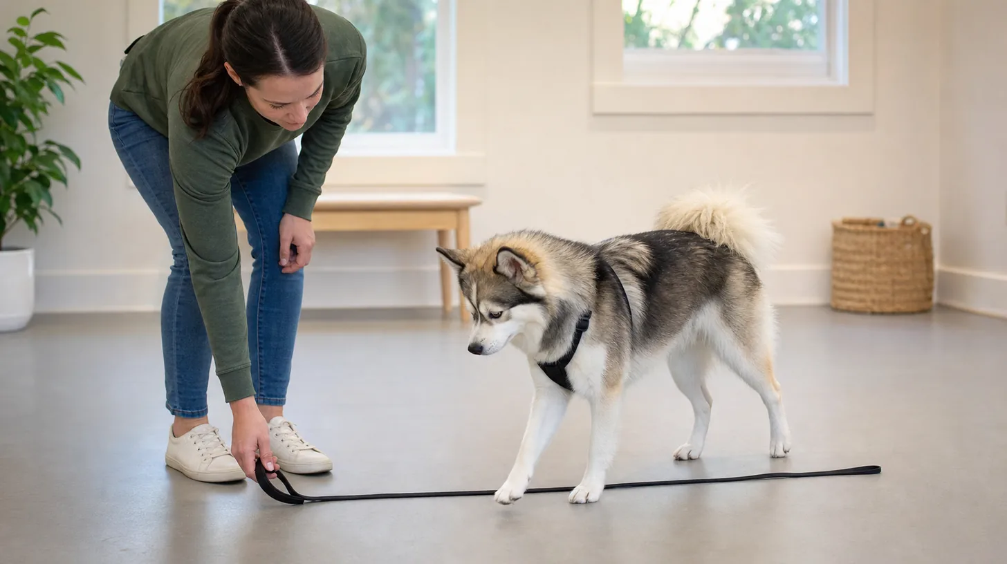 Harnessed Pomsky slowly steps over a completely slack leash indoors