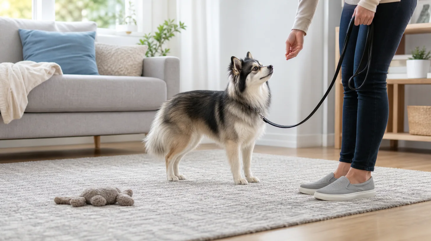 A Pomsky turns away from a floor object and checks in with a caregiver for a reward