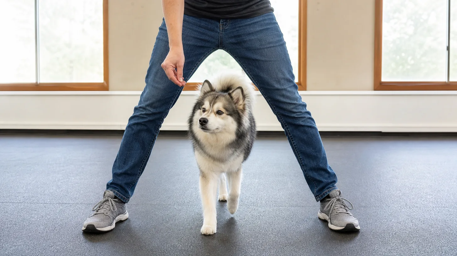 Pomsky completes one wide leg-weave pass through a stationary handler stance on a nonslip floor