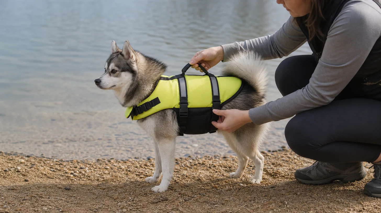 A caregiver checks the straps and lift handle of a Pomsky life jacket beside shallow calm water