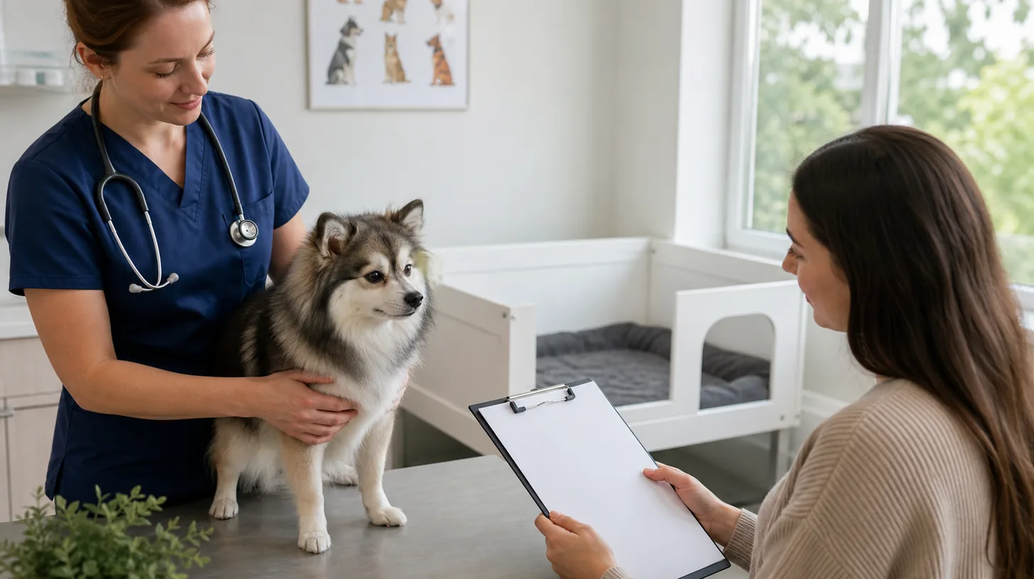 A veterinarian and caregiver prepare for a Pomsky pregnancy assessment beside a whelping area