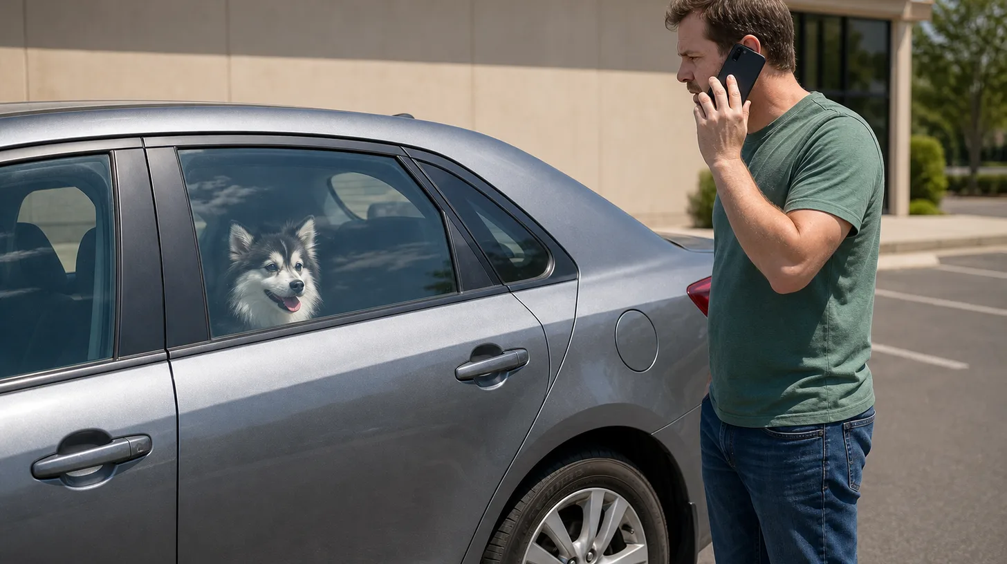 A concerned bystander calls for help after seeing a Pomsky inside a parked car on a sunny day