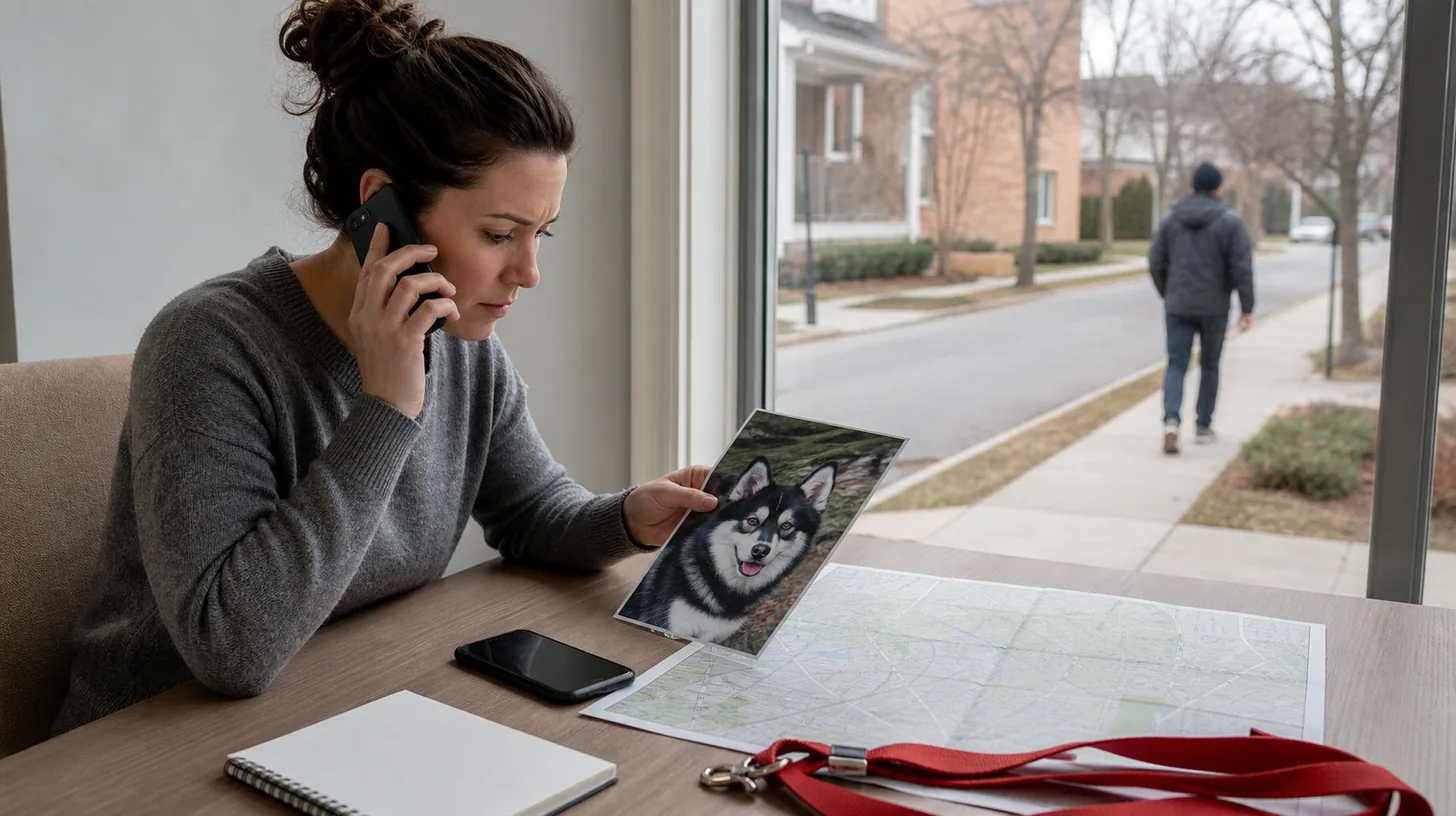 A caregiver coordinates a lost Pomsky search with a current photo, map, phone, and leash