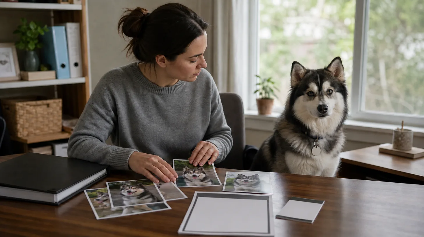 A caregiver organizes current Pomsky photos and a blank lost-dog information template
