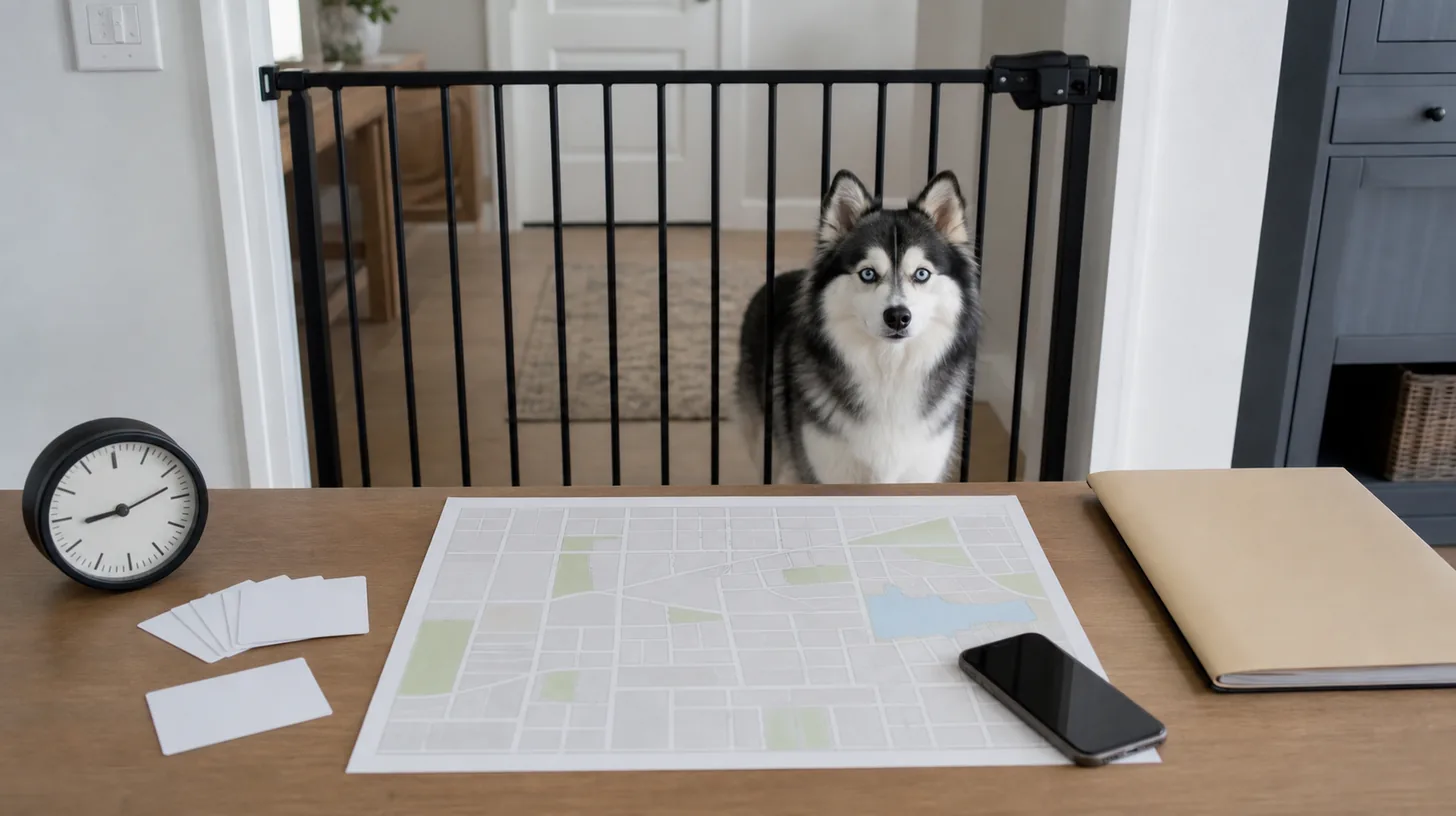 Pomsky remains safely behind a gate while a blank map sighting cards phone clock and incident folder are organized
