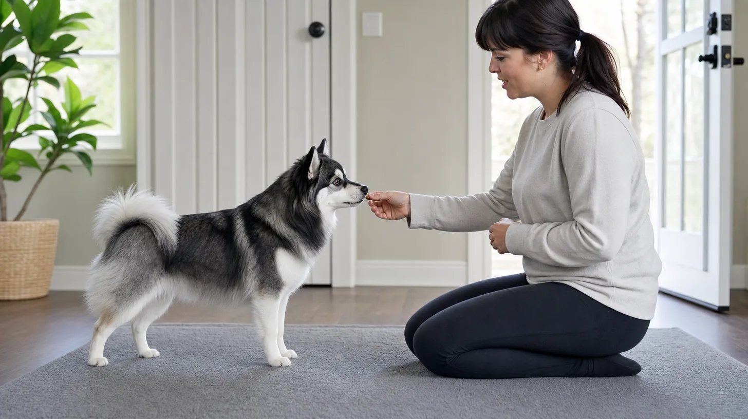 Pomsky calmly receives a reward immediately after a marker-word training moment
