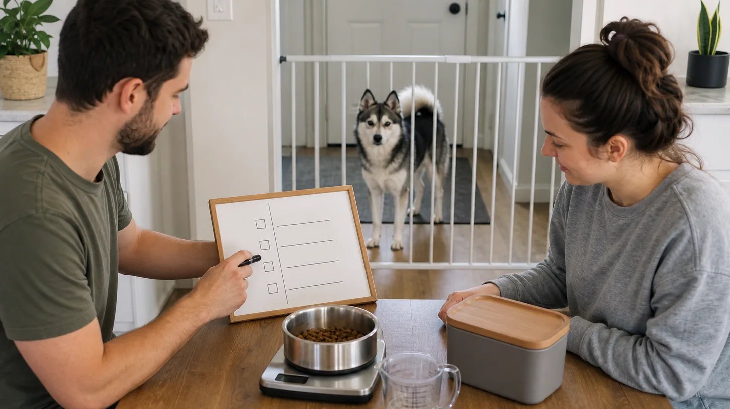 Two caregivers coordinate one measured Pomsky meal using a plain confirmation board