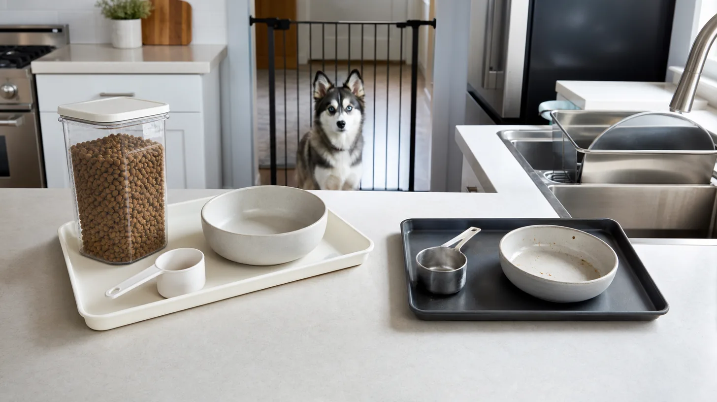 Pomsky waits behind a gate while clean food tools and bowl remain on a light tray and used tools remain on a dark tray near the sink