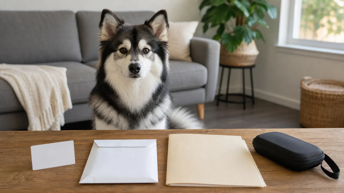 Relaxed Pomsky sits beside a blank scan card sealed registry envelope identity folder and closed scanner case