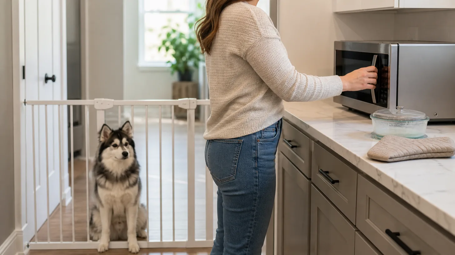 Pomsky waiting behind a secure gate while a caregiver handles a covered container beside a closed microwave