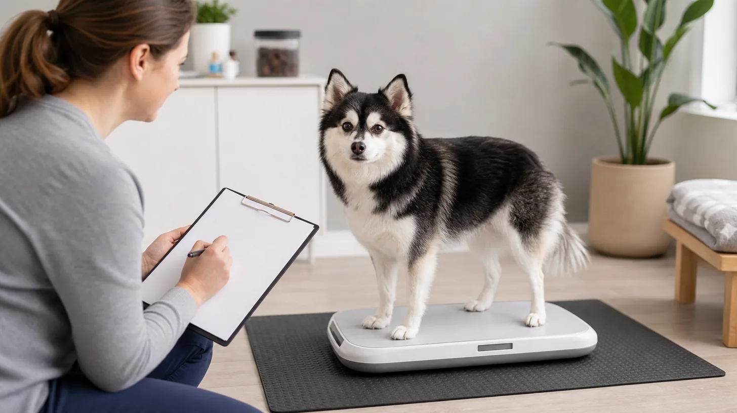 A Pomsky stands calmly on a pet scale while a caregiver records a monthly measurement