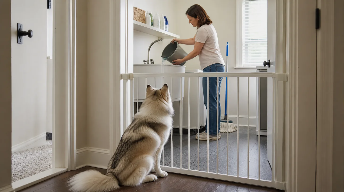 Caregiver drains a mop bucket while a Pomsky waits outside the gated utility room